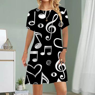 Damen Casual Dress Sommer Note Print Kleider für Frauen O-Ausschnitt Kurzarm Kleid Plus Größe