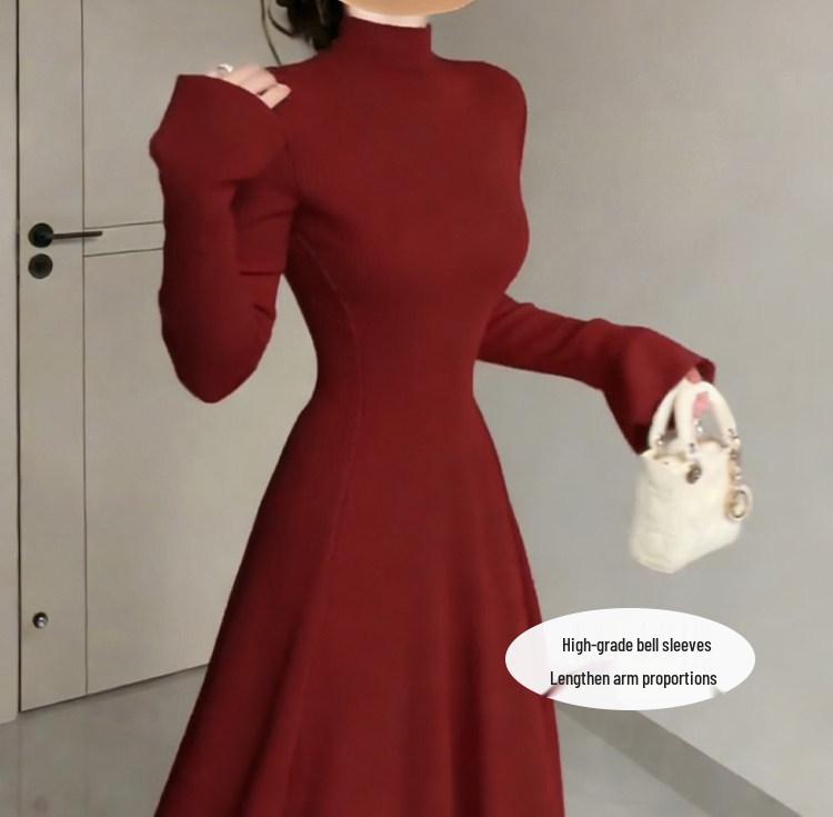 Women's Red Slim Knit High-Neck Dress with Inner Layer - Perfect for Autumn & Winter, New Year Outfit.