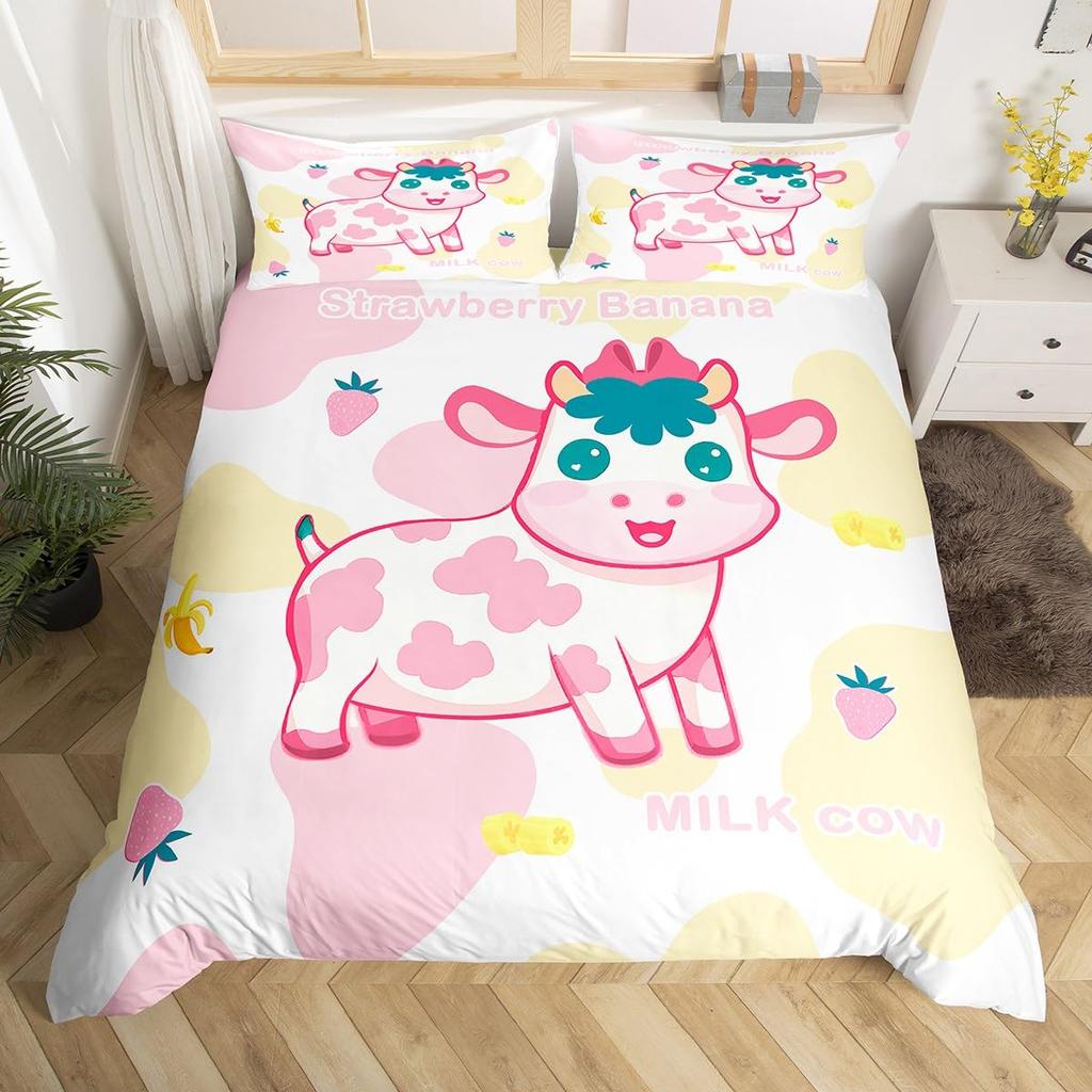 Carton Milk Cow Soft Duvet Cover Ful King Lovely Farm Animal Beding Set Strawbery Flowers Print Warm Comforter Cover Farmhouse Decor