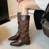 Winter Pleated Pointed Toe Woman Knee-High Boots Designer Splicing Thick Heels Long Booties Shoes