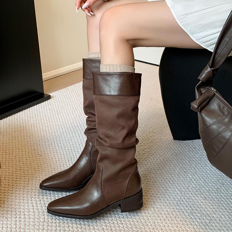 Winter Pleated Pointed Toe Woman Knee-High Boots Designer Splicing Thick Heels Long Booties Shoes