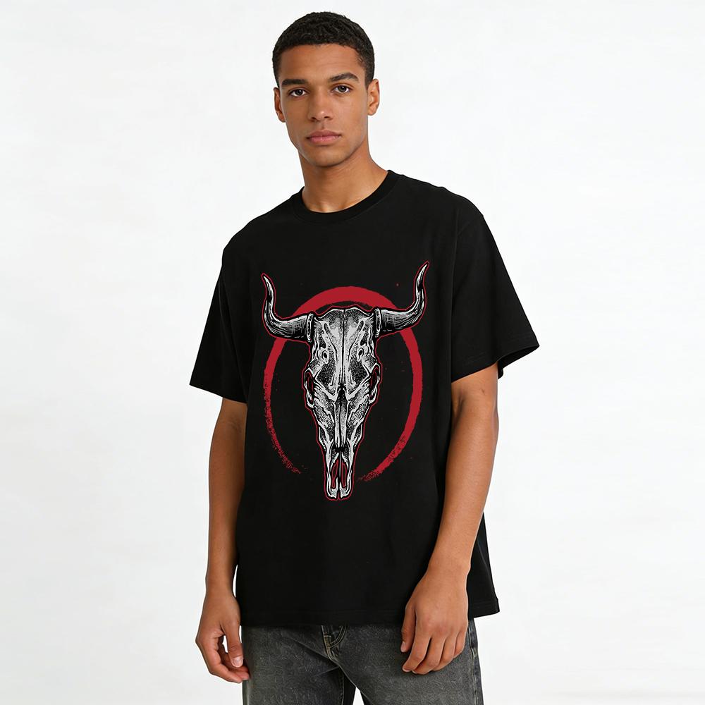 Vintage Western Style Bull Skull Print Casual Short Sleeve T-Shirt Pure cotton T-shirt