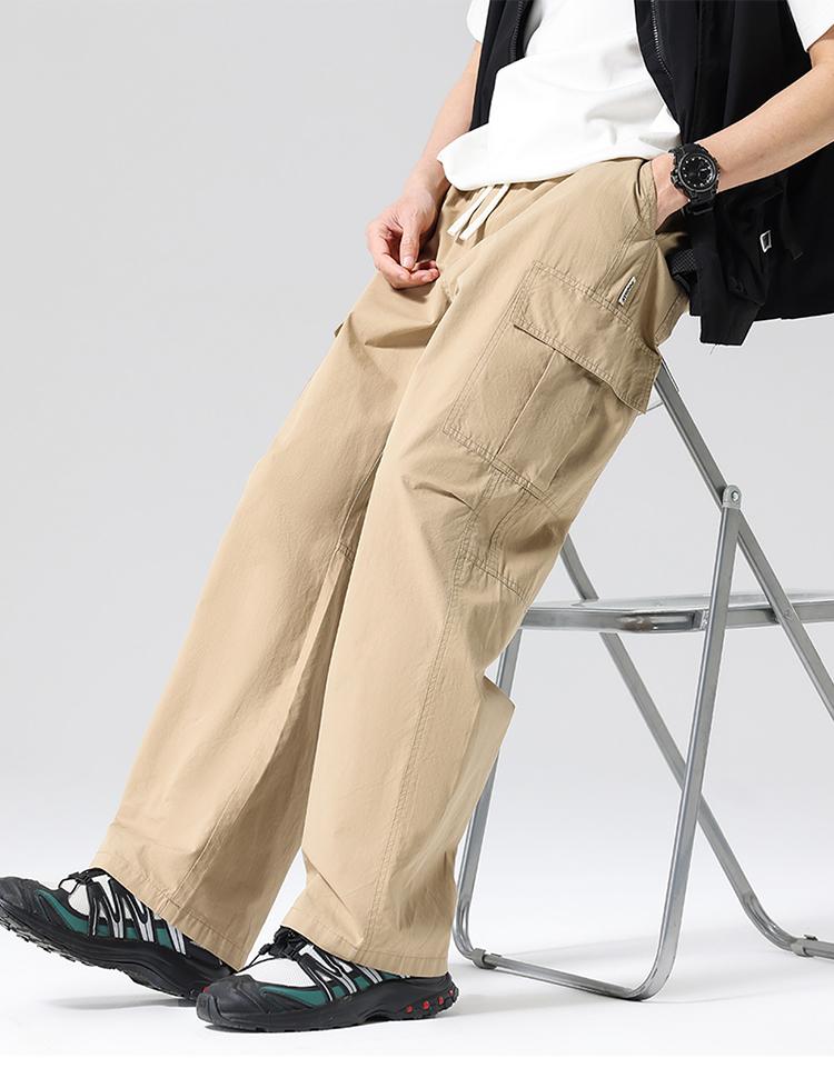 100% cotton workwear outdoor multi bag elastic waist drawstring pure cotton straight leg pants men's casual pants