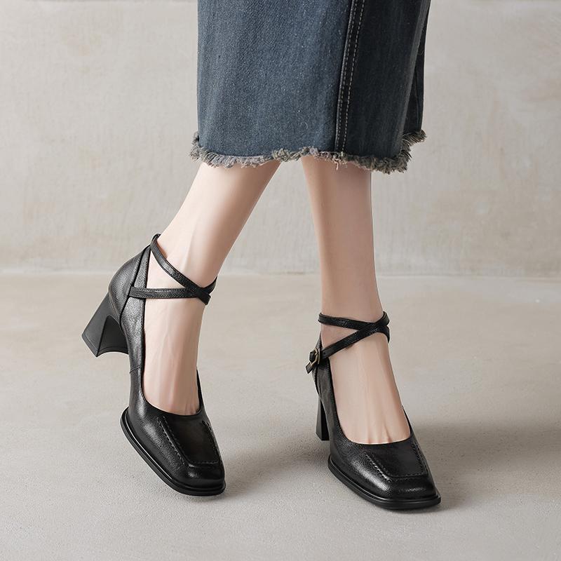 Fashion 2025 New Spring Genuine Leather Shoes LEISURE Style Square Toe High Heels Pumps Buckle Strap Women Shoes Fashion Ladies Shoes
