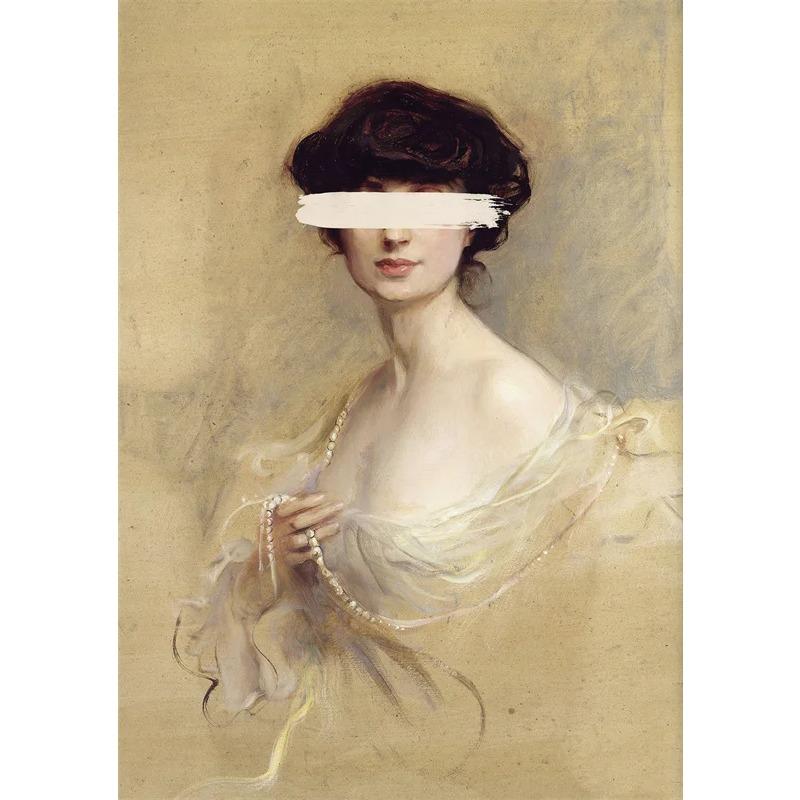 Altered Art Vintage Woman Portrait Oil Painting Canvas Prints Retro Eclectic Wall Art Poster Bedroom Wall Canvas Painting Decor