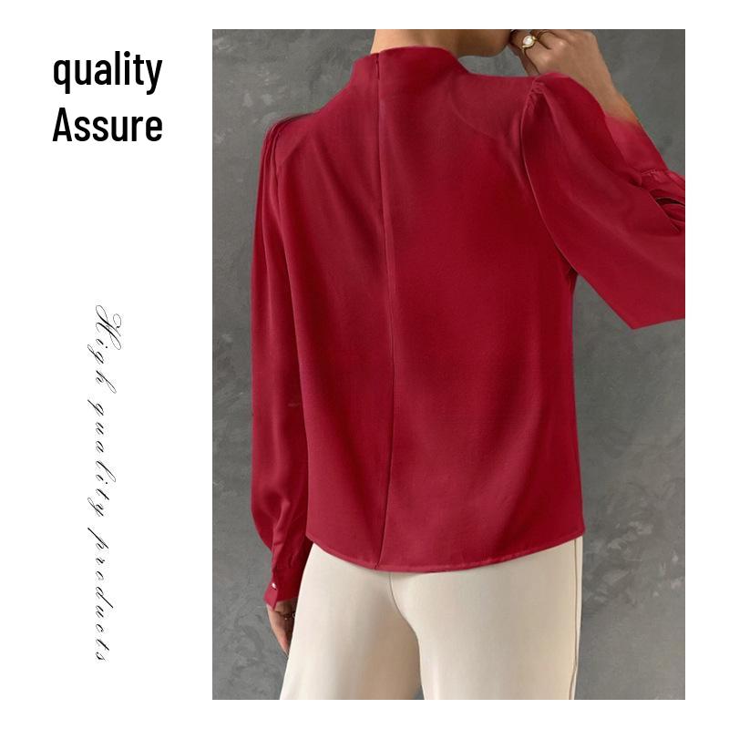 Solid Color Ruched Satin Pullover: Women's European and American Style Long-Sleeved Shirt