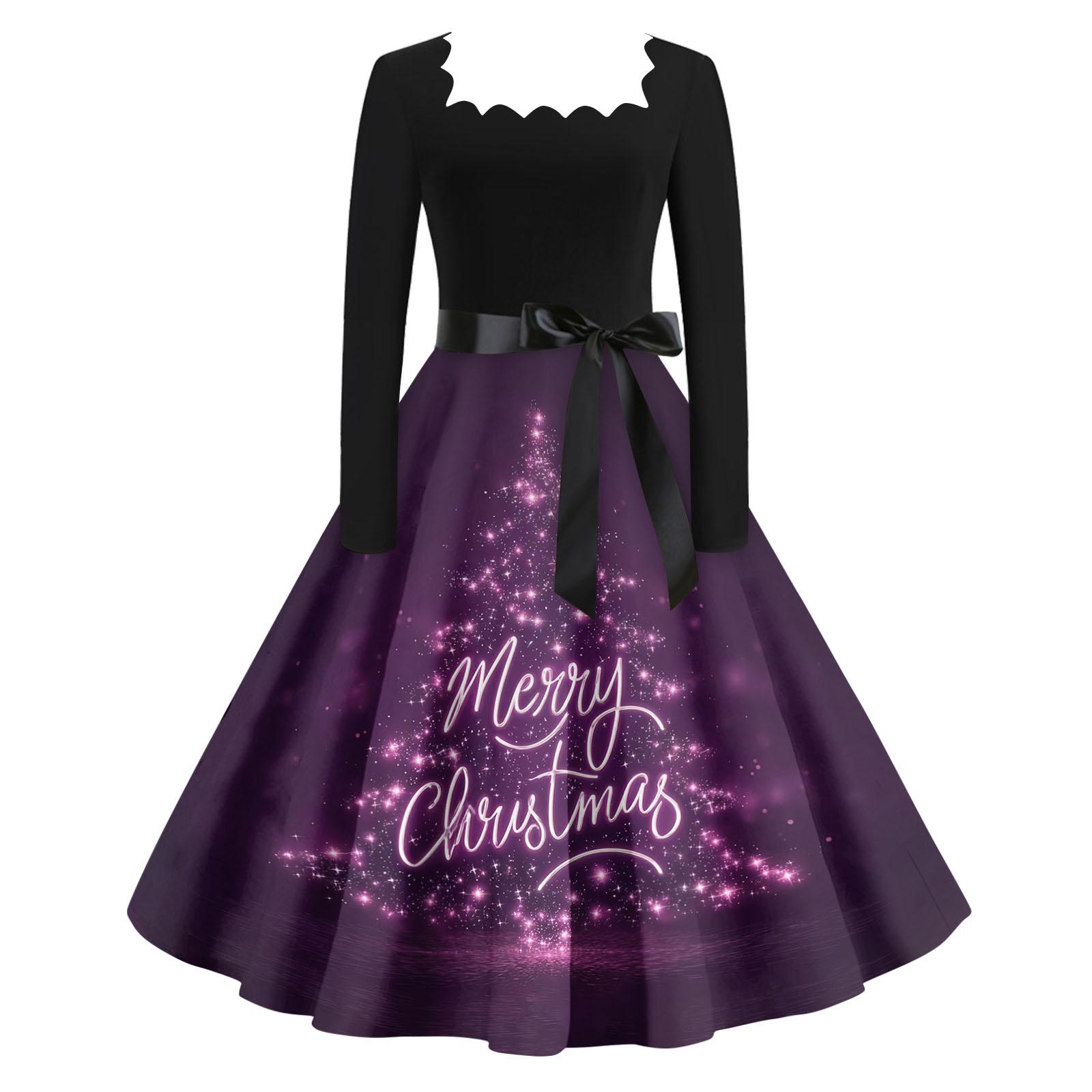 

Женское повседневное модное платье с V-образным вырезом и рождественским принтом в винтажном стиле M