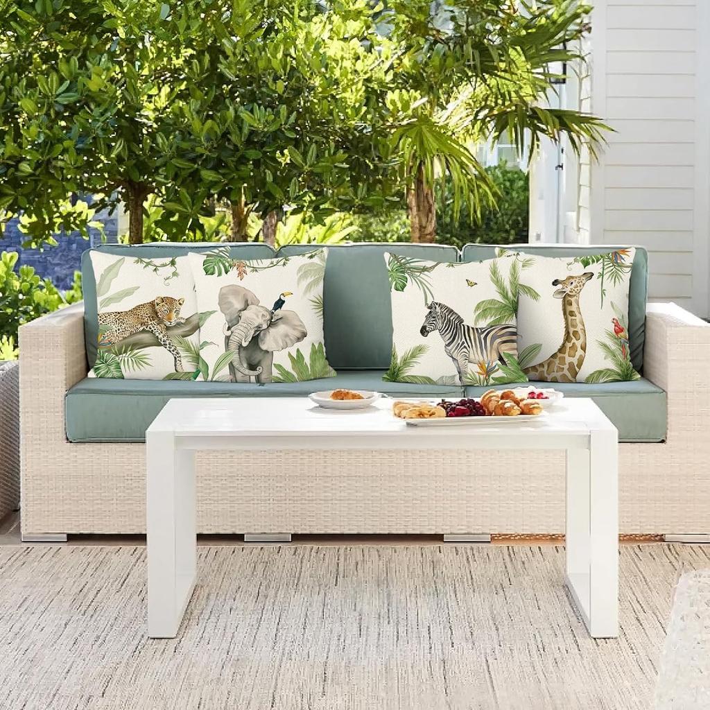 Bonhause Tropical Animals Throw Pillow Covers 18 x 18 Inch Elephant Giraffe Leopard Zebra Decorative Pillow Cases Summer Outdoor Cushion Covers for