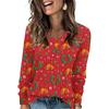 Women's Fashionable Loose-Fit V-Neck Long-Sleeved T-Shirt Christmas Print Pullover
