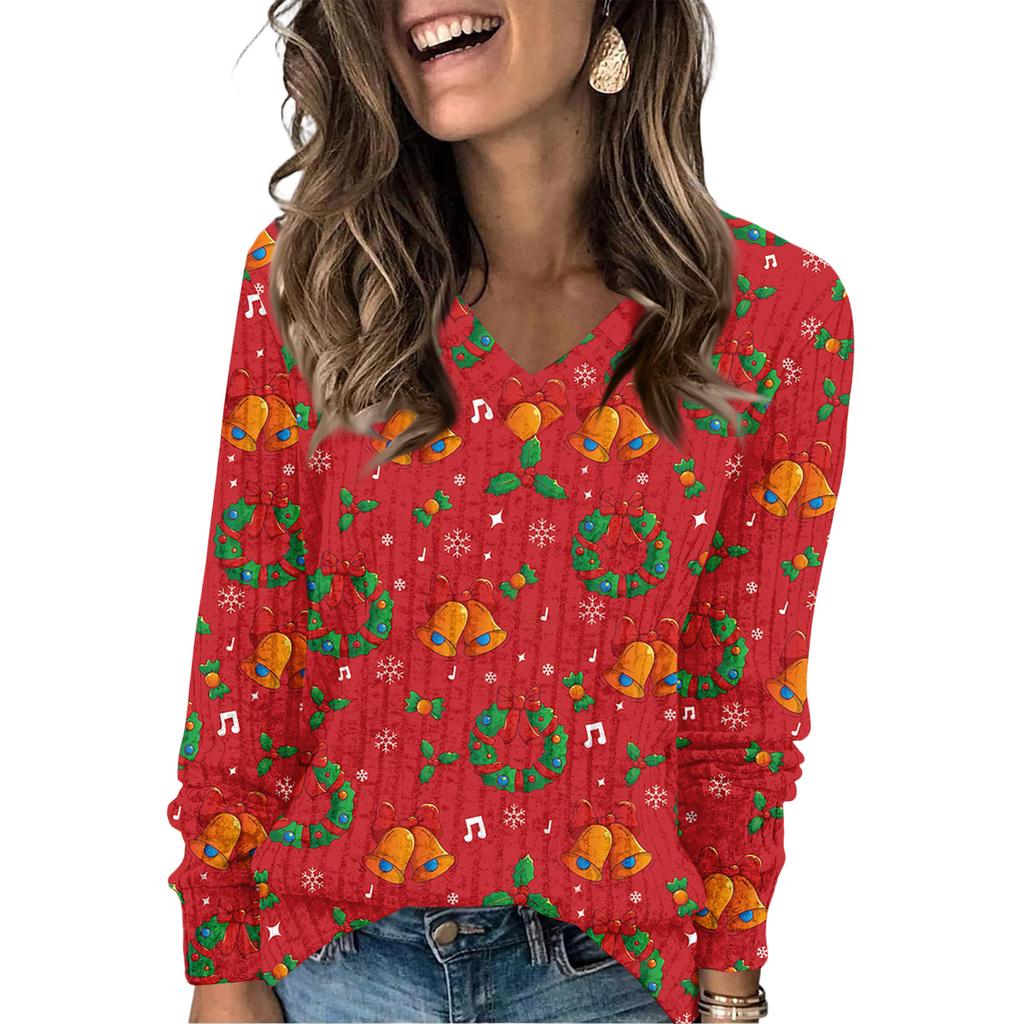 Women's Fashionable Loose-Fit V-Neck Long-Sleeved T-Shirt Christmas Print Pullover