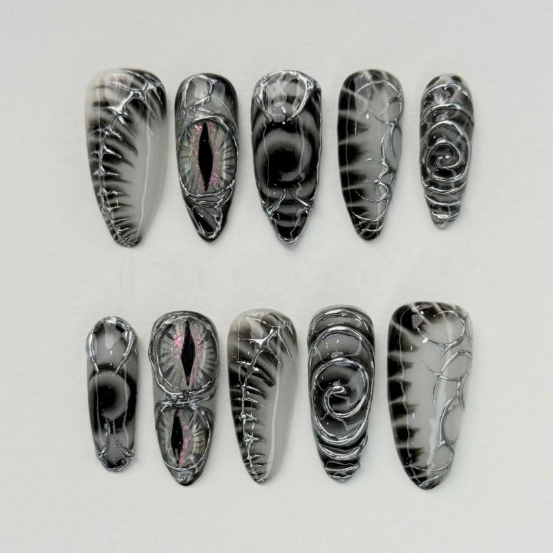 24PCS Gothic Anime Almond Press On Nails Sweet Cool Dark Comic Black Eye False Nails with Red Gyaru Nails Full Cover Wearable
