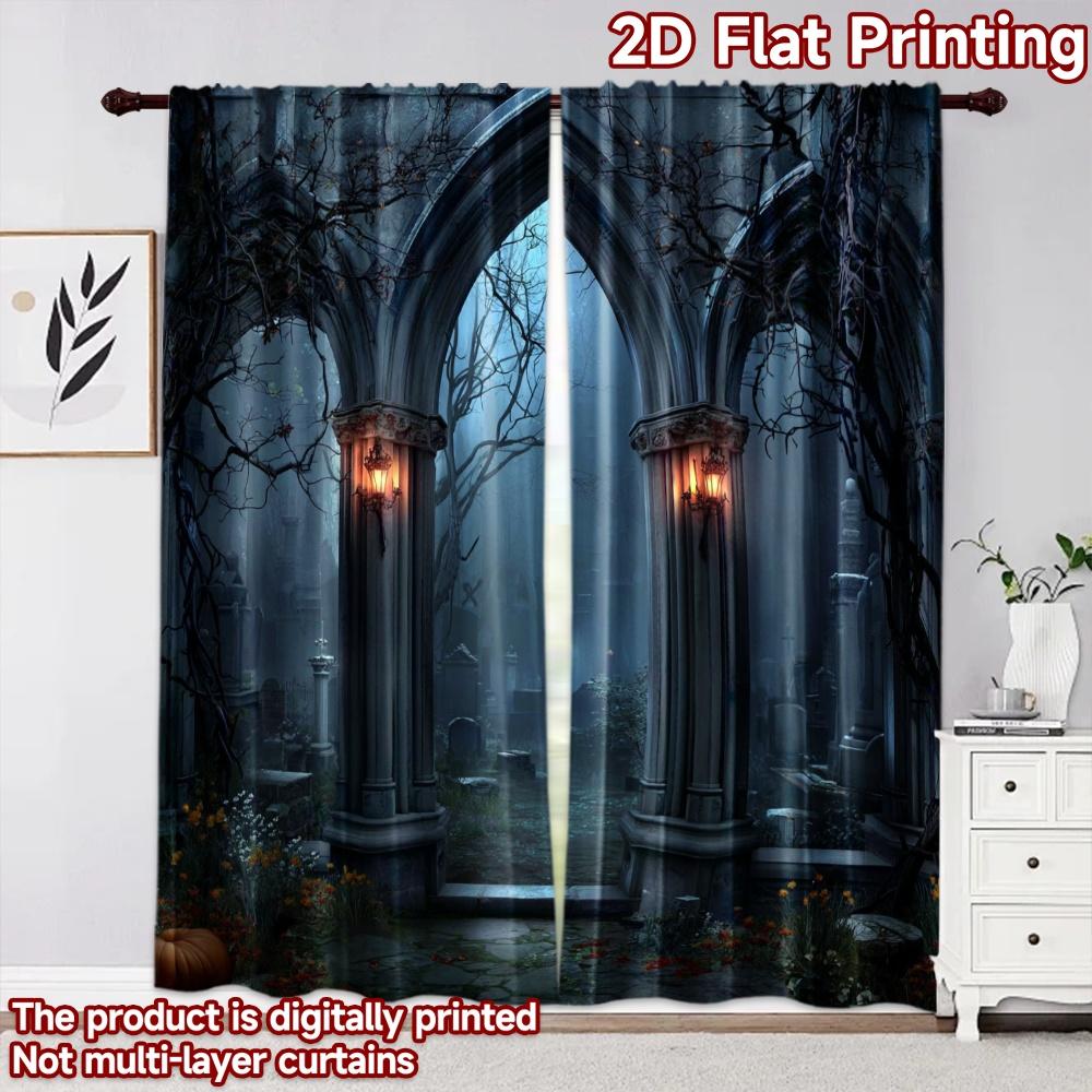 2D Flachdruck 2 Stück Vorhang Szene Vorhang Halloween Gotisches Friedhofstor Digital Bedruckt Polyester Vorhänge Geburtstagsparty