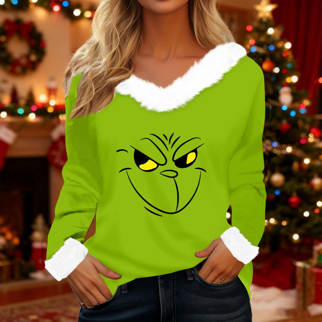 Women's T Shirt Tee Christmas Shirt Long Sleeve Party Christmas Print Fleece Collar V Neck Top