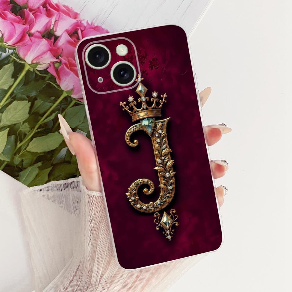 Transparent For iPhone 15 Case Cover Transparent Luxury Crown A-Z Letters 2D Flat Pattern Soft Casing A3092 A3090 A2846 A3089