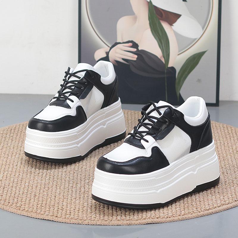 Fashion 10CM Air Mesh Chunky Sneaker Genuine Shoes Mules Shoes Summer Platform Wedge Women Women Microfiber Leather Slippers Slides