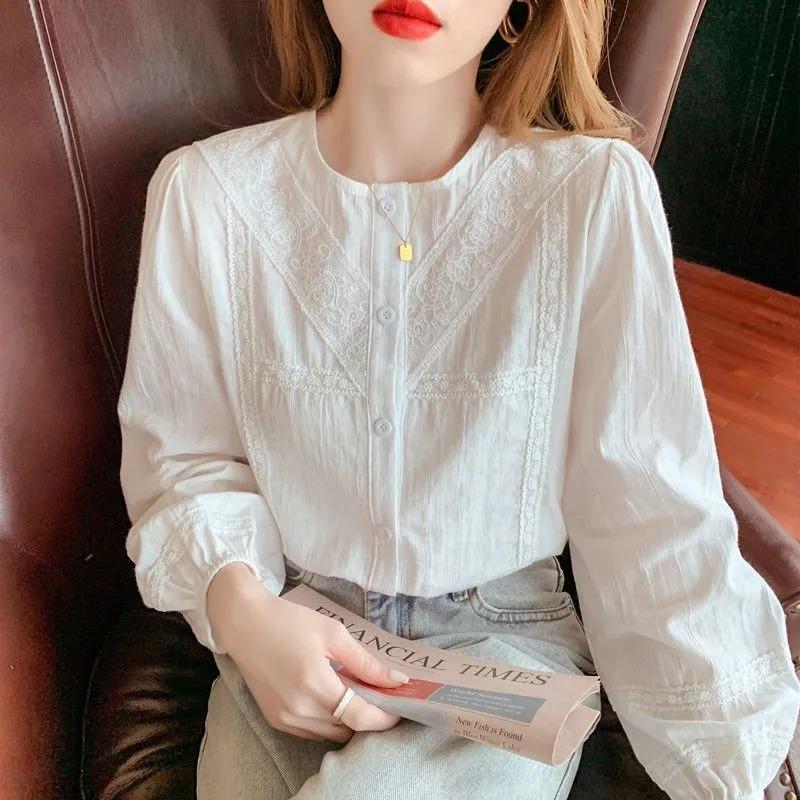 Women's Embroidered Blouse Round Neck with Lace Trim Puff Long Sleeves Button Down Casual Office Top