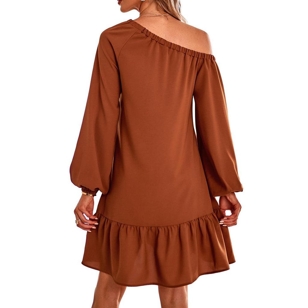 Abito da donna casual alla moda a maniche lunghe, scollatura Bardot, colorato