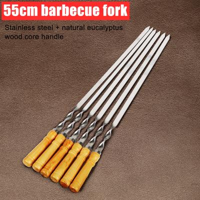 BBQ Skewers 55cm 21.65" Wood BBQ Fork Stainless Steel Outdoors Grill Needle Long Handle Shish Kebab 6Pcs Barbecue Grill Stick