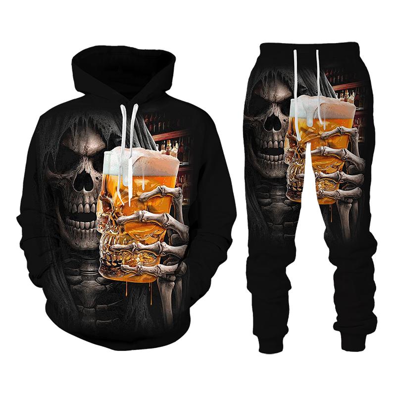 Vintage Gothic Skull Pattern 3D Print Men Tracksuit Sets Casual Hoodie+Pants 2pcs Sets Oversized Sweatshirt Trend Men Clothing