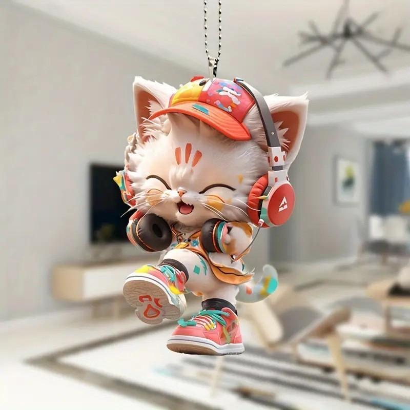 Cute Listening To Music Colorful Cat Pattern, Acrylic Pendant For Fun Vehicle Accessory
