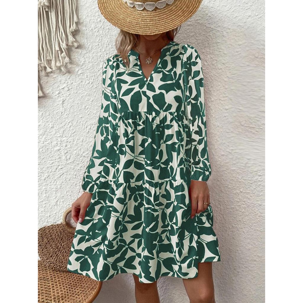 Women's Bohemian Fashion Long Sleeve Loose V-neck Pleated Printed Dress