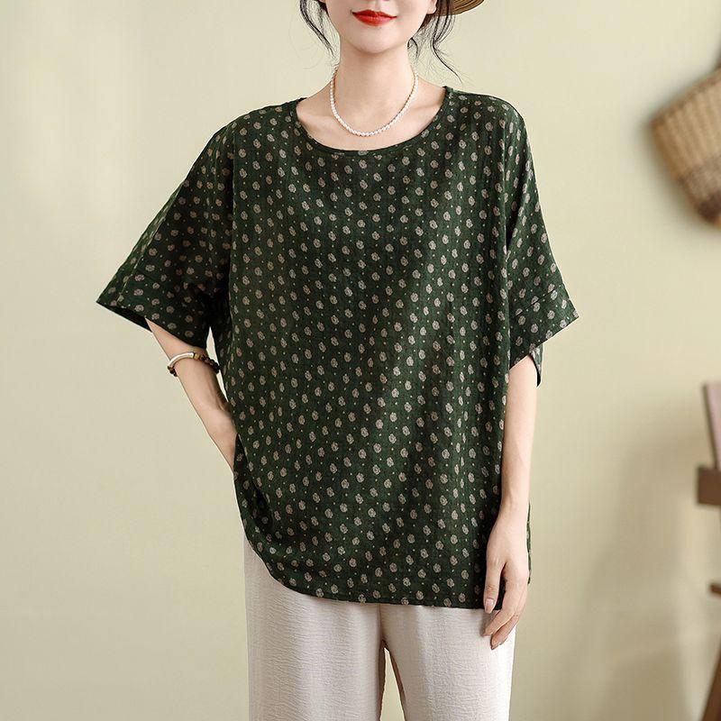 Damen Schwarz Blumendruck Lockerer Schnitt Halbe Ärmel Leinenmischung Freizeitbluse