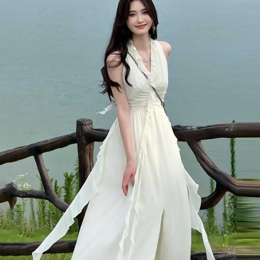 French red neck sling dress for children's summer new popular seaside vacation high-end long dress