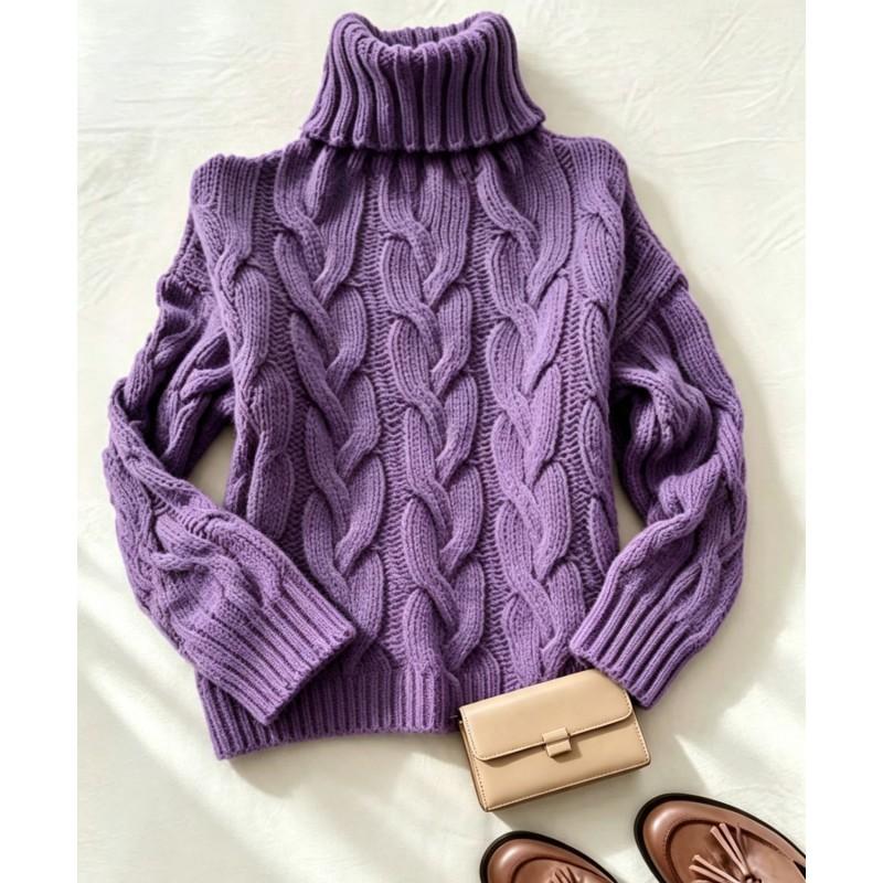 Womens High Neck Long Sleeve Knit Sweater With Twisted Cable Soft Acrylic Loose Fit Casual Fall Winter Fashion
