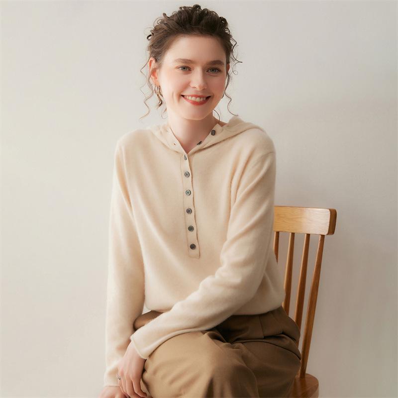Women's Hooded Cashmere Sweater - 2026 Autumn/Winter Collection, Gentle Style, Loose Fit, Solid Color, Warm Slimming Layer