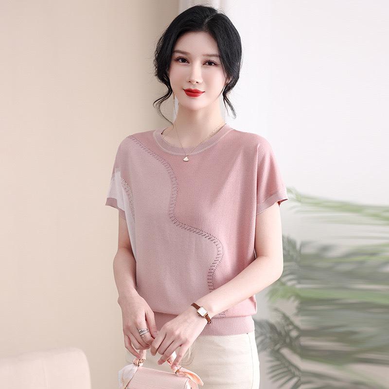 Women Summer New Ice Silk Round Neck Short Sleeve T Shirt Elegant Loose Thin Knit Top