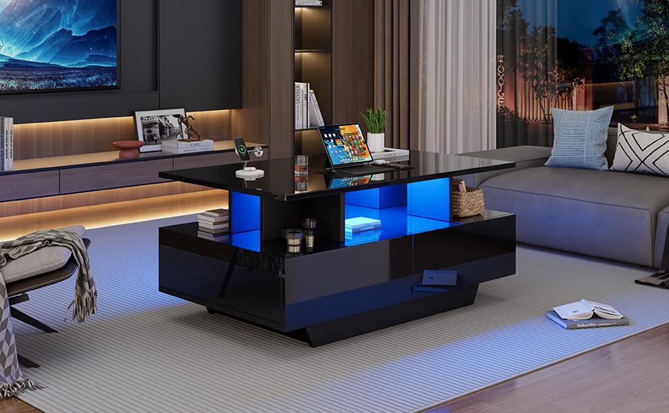 Moderner Hochglanz-Couchtisch mit LED-Beleuchtung und 2 Schubladen – Stilvoller 90x55x41 cm Beistelltisch mit Stauraum, Belastbarkeit bis 30 kg