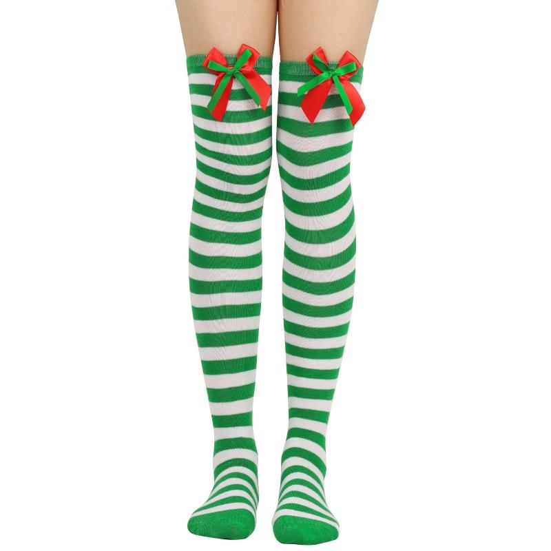 Striped Stockings For Women Over The Knee Long Socks Christmas Green Red Bowknot Long Socks Female Leg Stocking