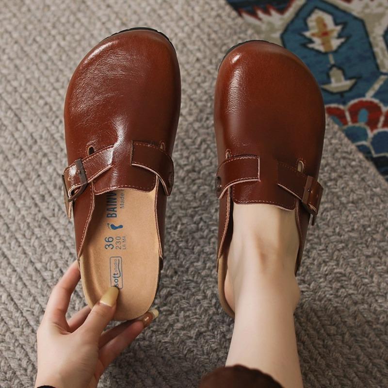 Size 35-40 Full Leather Cork Bottom Baotou Half Slippers Boken One Pedal
