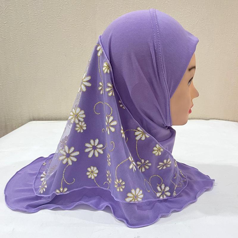 1Pc Headscarf with Flower Girls Hijab Scarf Beautiful Ice Silk Kids Solid Color Children Headwear Muslim
