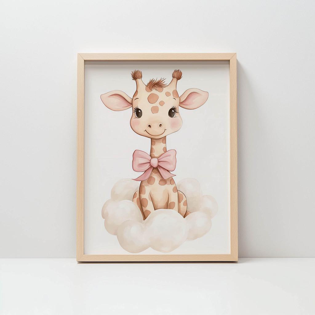 Plakat Mała Żyrafa Na Chmurce Plakat Mała Żyrafa Na Chmurce, 30X40 Cm, Rama Drewniana Jasny Dąb, Papier Matowy 230 Gsm