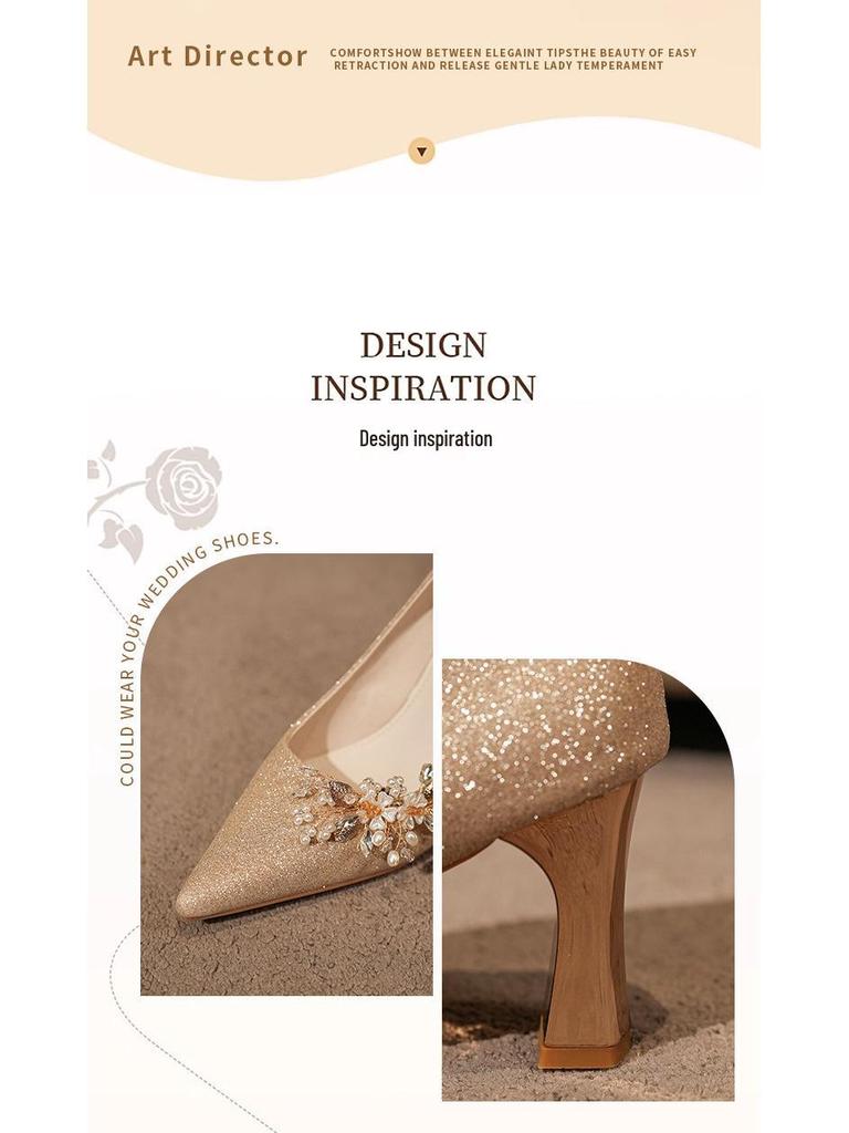 Třpytivé svatební lodičky s flitry a špičatou špičkou - robustní podpatek, svatební a pro družičky