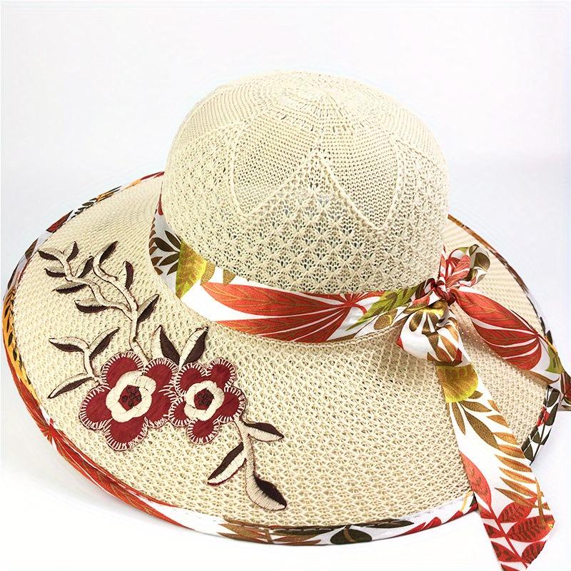 Women'S Wide Brim Straw Sun Hat with Floral Design - Breathable, Protection, Elegant Beach Cap for Summer, Beach Ha