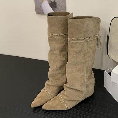 Fashion Liyke Fashion Design Drawstring Lace Up Knee High Boots Women Vintage Pointed Toe Inside Height Increasing Long Shoe Botas Mujer