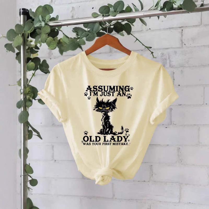 Rundhals Schwarze Katze Bedruckt Reines Baumwoll-Top Damen T-Shirt