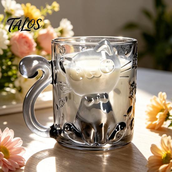Cartoon-Katze Trinkglasbecher, Isolierter Glas-Kaffeebecher, mit Katzen-Schwanz-Griff-Design, Transparenter Becher für Heiße Kalte Getränke