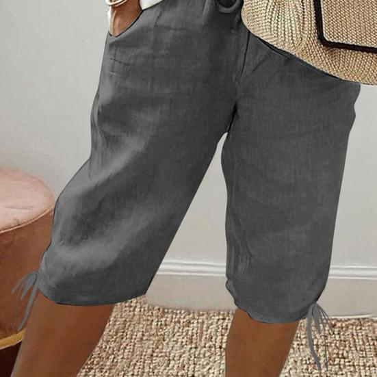 Women Shorts Elastic Mid-Waist Adjustable Drawstring Yoga Running Shorts with Pockets Solid Color Loose
