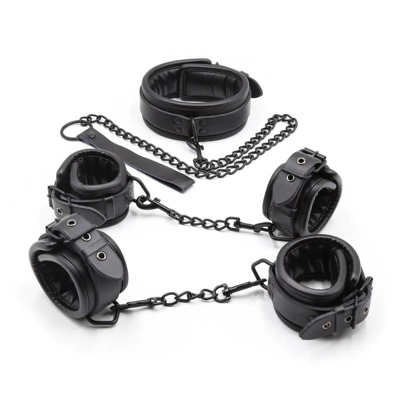 Black Genuine Leather  Bondage Set 3pcs Restraints Collars Ankle Cuff Handcuffs For Sex Bondage Set Sex Toys For Adults