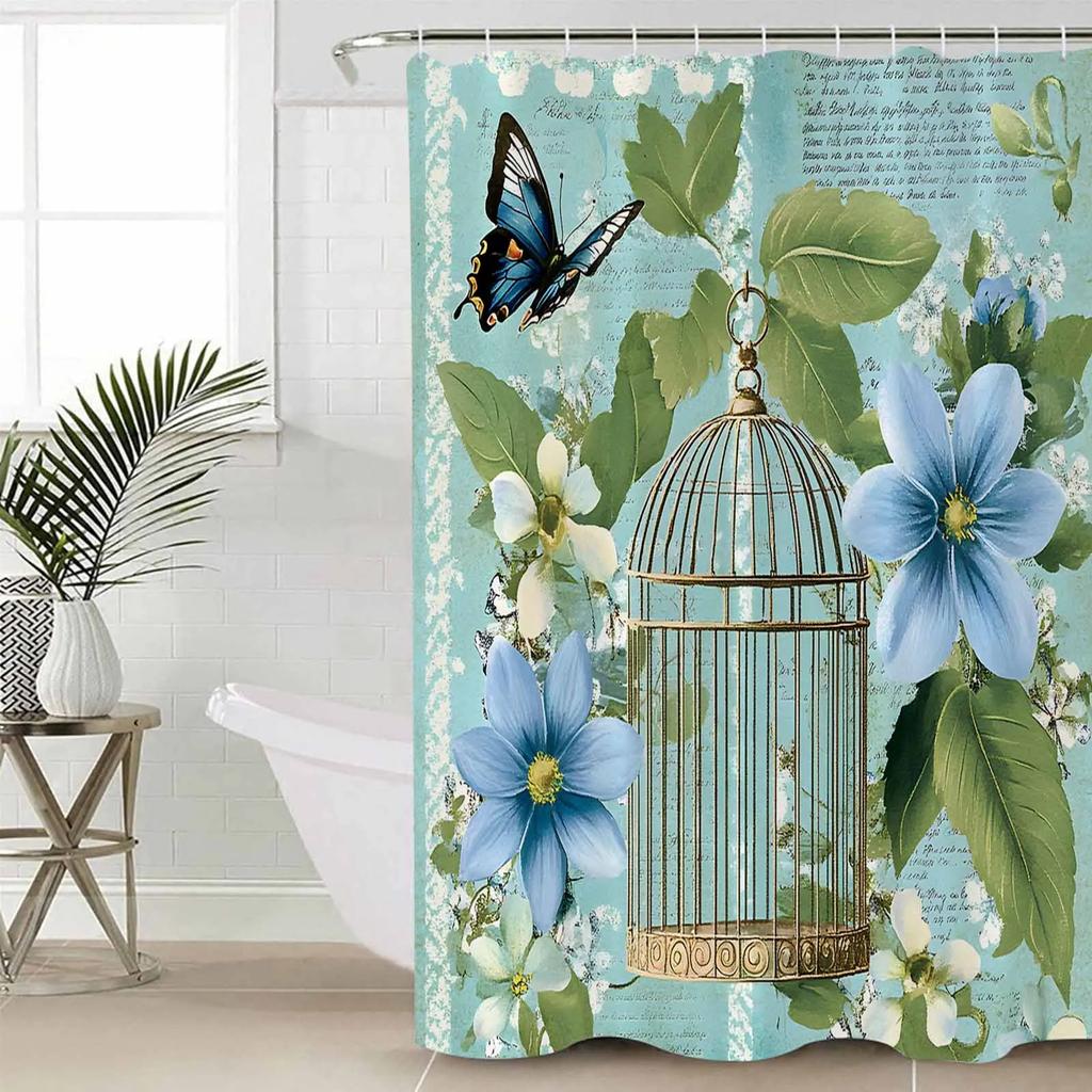 Vintage Birdcage Flower Butterfly Shower Curtains Waterproof Bath Curtains Home Decor Modern Luxury Bathroom Curtain
