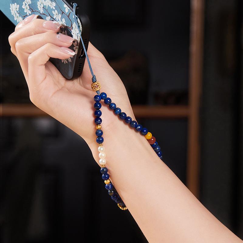 Lapis Lazuli Pearl Phone Strap Wrist Strap for Women, Anti-lost Phone Case Lanyard, Phone Chain Strap, Phone Cord