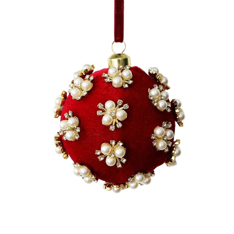 Christmas Tree Ornament Ball with Fabric, Trim Pattern and Ribbon Loop for Home Display Scenes and Seasonal Room Use