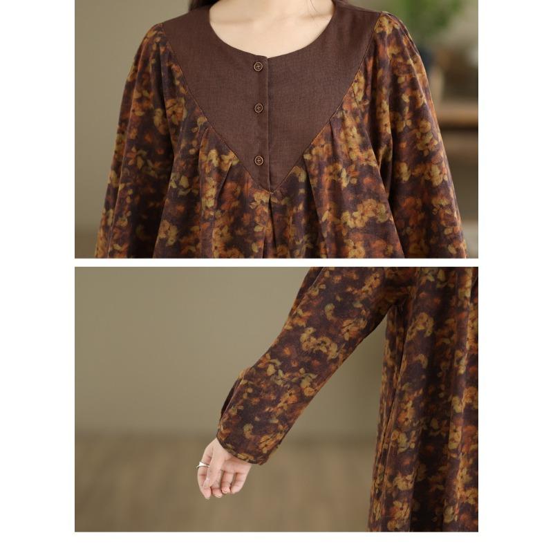 DIMANAF Damen Große Größen Herbst Langarmkleid Locker Lässig Oversize Maxi Vintage Baumwolle Leinen Blumenkleid 2025