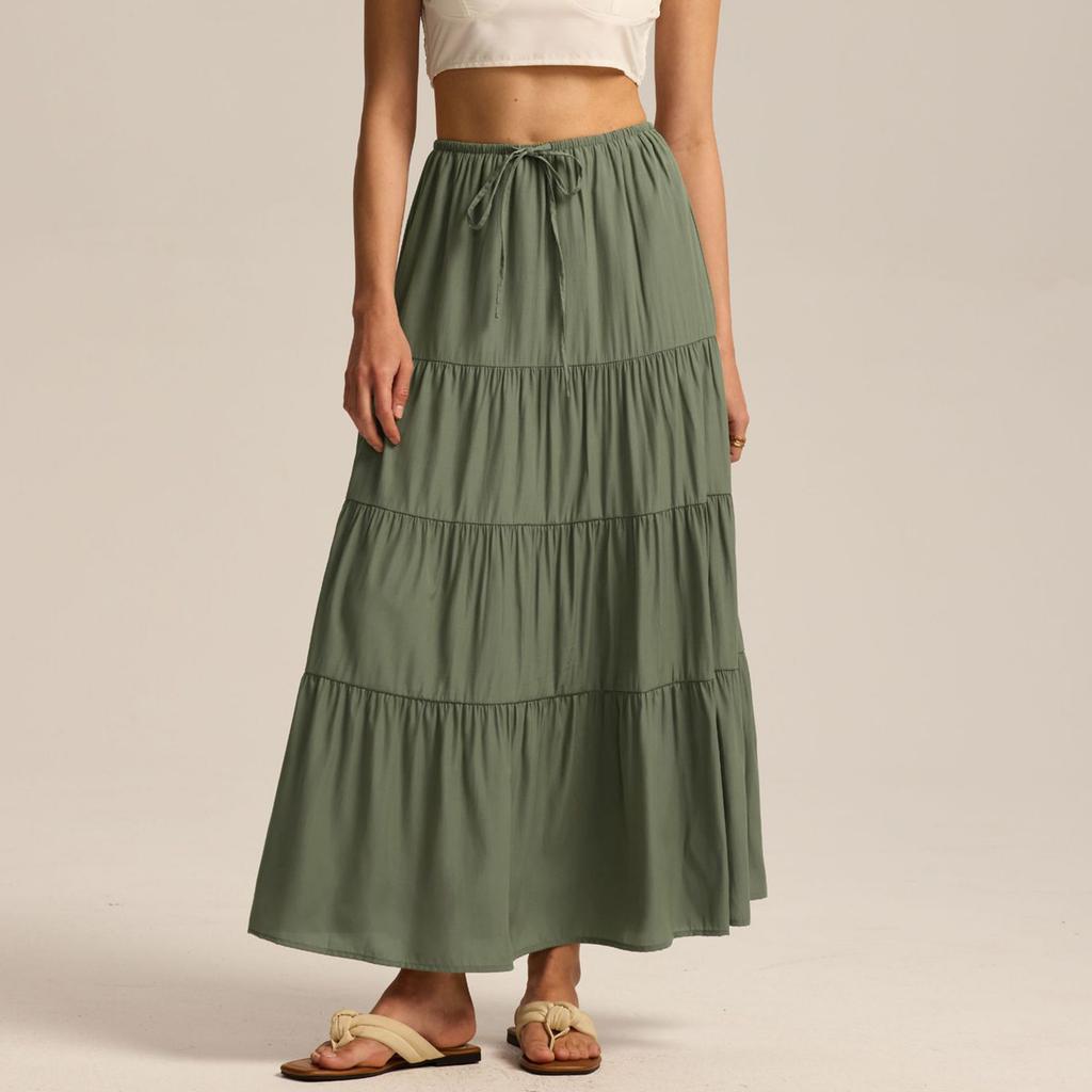 Women's Cotton Skirt High Waist Elastic Lace-up Large Swing Skirt Loose Stitching Long Skirt