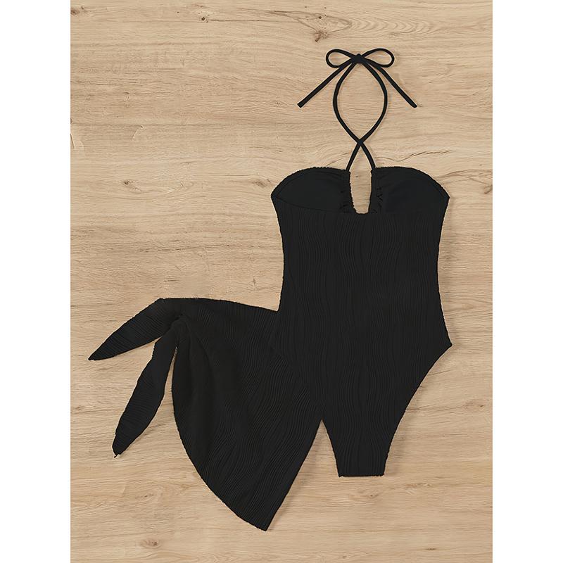 Sexy Solid Striped Bikinis Dress 2 Piece Set Women High Waist Split Swimsuit Backless Lace Up New Summer Bikinis Set