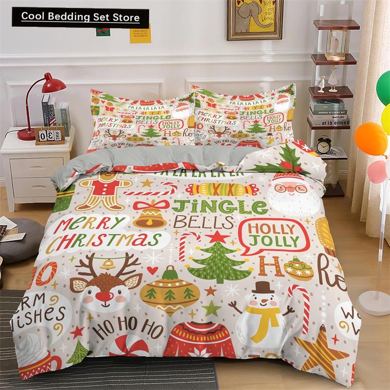 Frohe Weihnachten King Queen Bettwäsche Set Weihnachtsmann Schneemann Bettdeckenbezug Weihnachtsbaum Bettbezug Rot Polyester Steppdeckenbezug