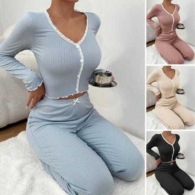 Womens Lace Trim Ribbed Knit Pajamas Set Long Sleeve Crop Top Wide Leg Pants Lounge Set 2 Piece Pjs Sleepwear